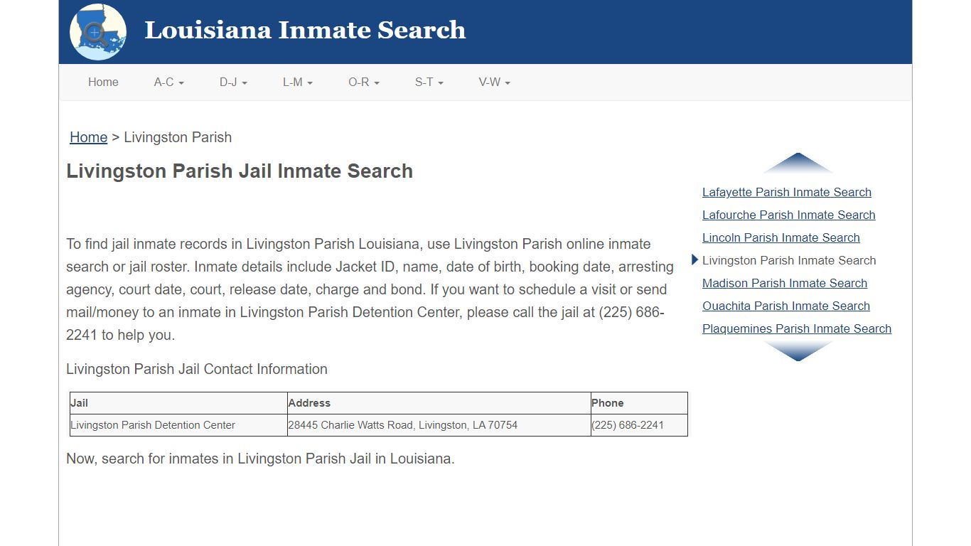 Livingston Parish LA Jail Inmate Search